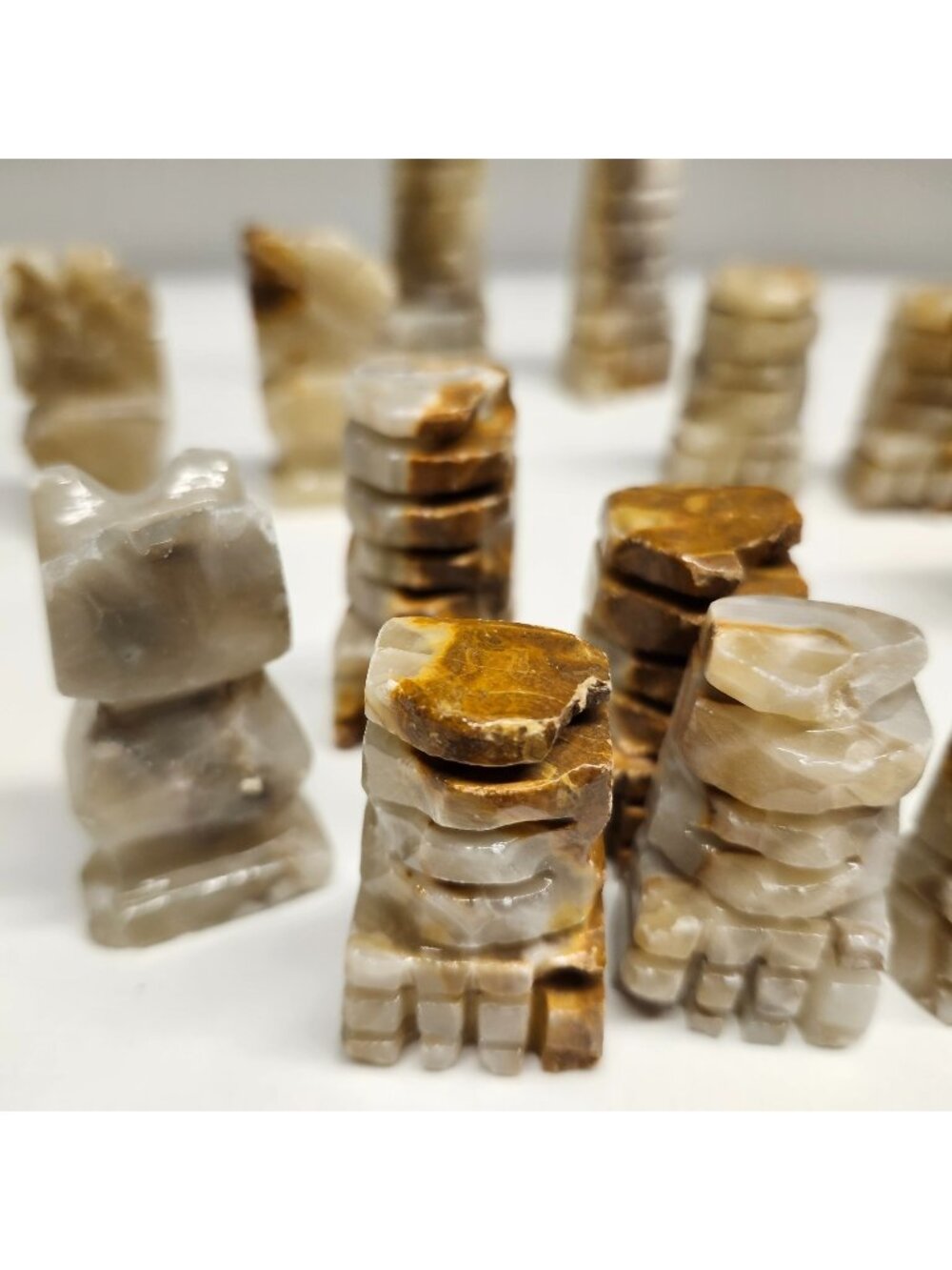 Carved Stone Chess Pieces Tan White 15 pcs Aztec Style